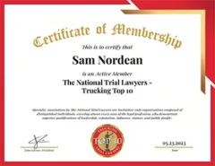 National Trial Lawyers Top 10 Trucking Attorney certificate