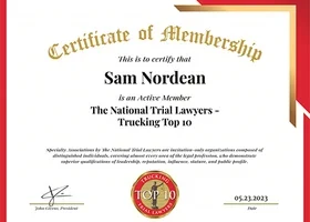 National Trial Lawyers Top 10 Trucking Attorney certificate