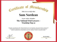 National Trial Lawyers Top 10 Trucking Attorney certificate